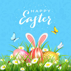 Wall Mural - Easter Blue Background with Eggs in Grass and Rabbit Ears