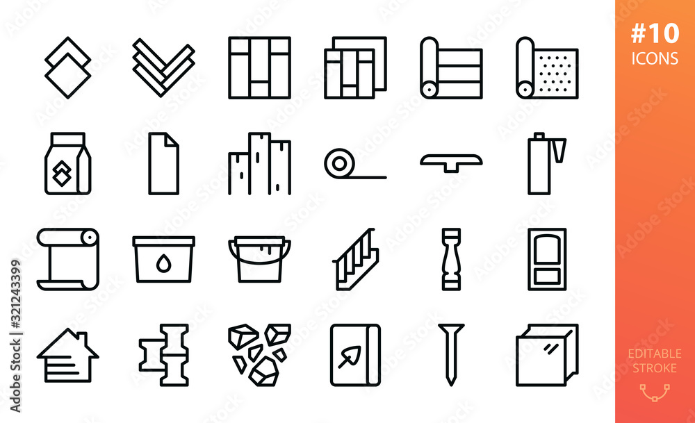 Building materials icons set. Set of laminate, tile, parquet, vinyl floor, silicone sealant, wallpaper glue, paint can, siding, tile adhesive, wooden boards, linoleum, carpet roll vector outline icon - obrazy, fototapety, plakaty 