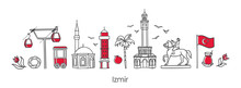 Vector Illustration Symbols Of Izmir, Turkey. Clock Tower, Historic Elevator, Mosque, Monument And Other Turkish Landmarks. Horizontal Banner Design For Souvenir Print And City Promotion