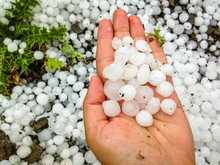 Big Hailstones In The Hand With Hailstones In Background