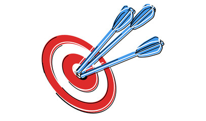 Poster - arrow hitting in the target center of dartboard on bullseye.