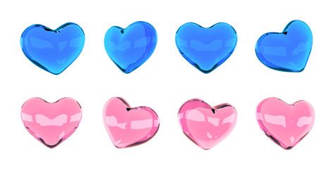 Wall Mural - 3d hearts isolated on white. Glass or plastic hearts set. Valentines day design. 3d illustration. Love symbol.