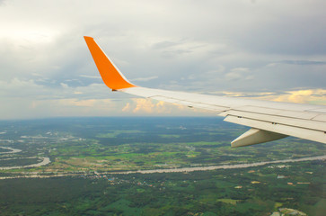 Wing of an airplane flying