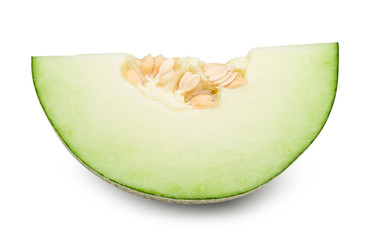 Ripe green melon slices with seeds isolated on white background. Melon clipping path.