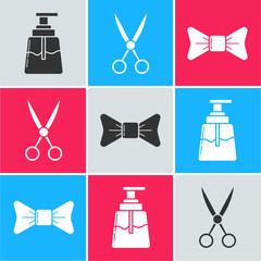 Sticker - Set Aftershave, Scissors hairdresser and Bow tie icon. Vector