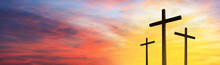 Cross Of Jesus Christ Empty Over Dramatic Sunrise Sky Panorama With Sclouds.  Easter Concept