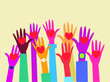 group of hands with hearts raised to the sky, multi colored hands open up to the top. Volunteering hands, participation of multiracial people. Modern flat vector illustration.