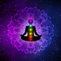 Wall Mural - Silhouette meditation man and purple mandala