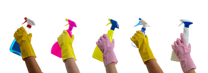 Wall Mural - Cleaning spray bottles on gloved hands isolated against white background.