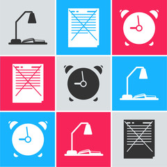 Canvas Print - Set Workplace with table lamp and open book, Exam paper with incorrect answers survey and Alarm clock icon. Vector