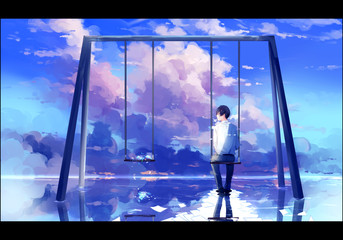 Fantasy Illustration of a young man on a swing missing his partner