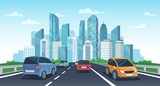 Fototapeta  - Cars on highway to town. City road perspective view, urban landscape with cars and car travel vector cartoon illustration. Automobiles riding towards megalopolis with skyscrapers and modern buildings.