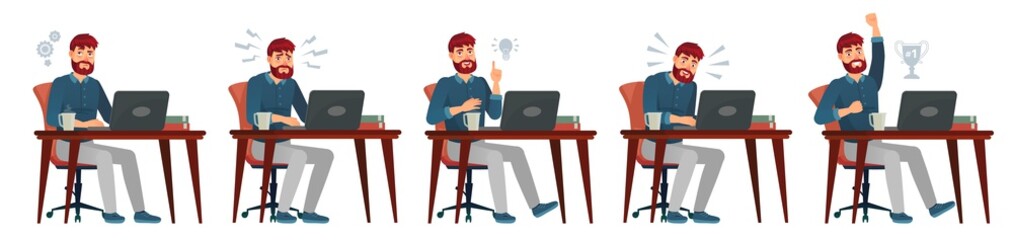 Poster - man working on laptop. office worker have idea, works with laptop and enjoys success. work process, 