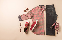 Men's Casual Fashion Outfit - Jeans, Plaid Shirt And Red Sneakers