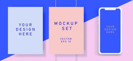 Poster - Flat lay of blank posters in pastel color tones with drop shadows. Realistic mock up template for print production: covers, flyers, banners.