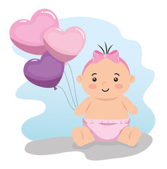 Poster - cute little baby girl with balloons helium vector illustration design