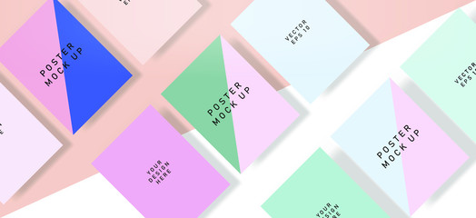 Poster - Flat lay of blank posters in pastel color tones with drop shadows. Realistic mock up template for print production: covers, flyers, banners.