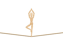 Tightrope Walker Balancing In Yoga Pose. Meditating Wooden Mannequin, Lay Figure, Relaxing On A Long Rope. Isolated Vector Illustration On White Background.