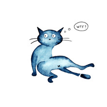 Unhappy Frustrated Blue Cat Sitting On Its Butt. Funny Surprised Tired Kitten Looking Away. Watercolor Illustration. Hand Drawn