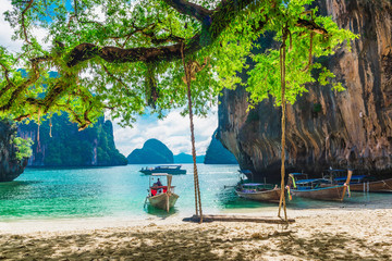 Wall Mural - Wooden swing for traveler joy relaxing, Beautiful nature scenic landscape Lao Lading island beach, Attraction place tourist travel Krabi Phuket Thailand summer vacation trips, Tourism destination Asia