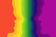 The silhouette of a female face opposite male faces, in the form of colorful stripes of the rainbow spectrum. Illustration.