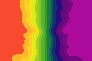 the silhouette of a female face opposite male faces, in the form of colorful stripes of the rainbow 