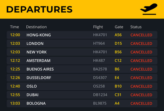 departure board with all flights cancelled status. airport schedule template with all flight info: t