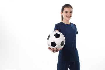 girl posing soccer player isolated on white background whit ball