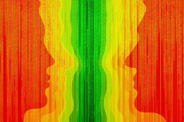 Wall Mural - Colored silhouettes of a male female face on a background of binary code. Social networks, communication, virtual acquaintance.