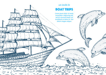 Wall Mural - Boat trip design template. Hand drawn sketch illustration. Nautical vector illustration. Sea design template. Ship and dolphins sketch.