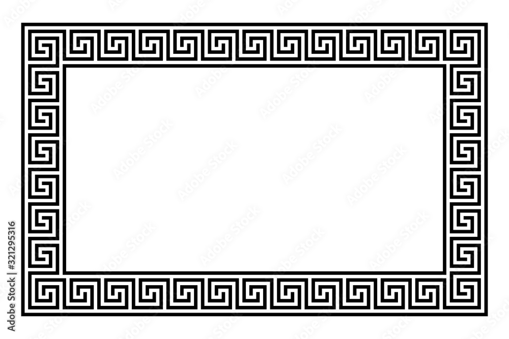 Rectangle framed disconnected meander pattern made of seamless meanders. Meandros. Decorative border of interrupted lines shaped into repeated motif. Greek fret or key. Illustration over white. Vector - obrazy, fototapety, plakaty 
