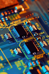 Wall Mural - Electronic circuit board with electronic components such as chips close up. The concept of the electronic computer hardware technology.