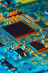 electronic circuit board with electronic components such as chips close up. the concept of the elect
