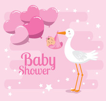 Baby Shower Card With Cute Stork And Decoration Vector Illustration Design