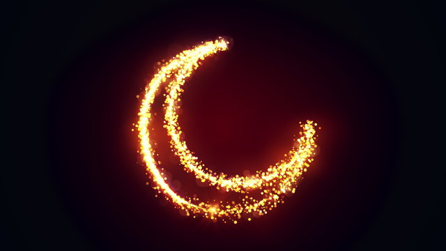 Wall Mural - Shining gold particles creating a crescent moon shape. Bright festive ramadan 3D illustration with hilal symbol from glitter and sparkles on black background. 4K Holiday effect with bokeh and glow.
