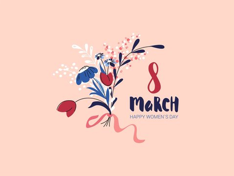 8 March card with flowers bouquet on pink background. International women's day greeting card.  Vector illustration