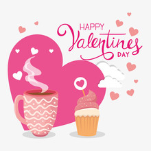 Happy Valentines Day With Cupcake And Decoration Vector Illustration Design