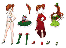 Cute Dress Up Paper Doll With Red Hair. Christmas, Lunar New Year, Saint Patrick's Day.