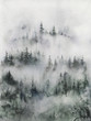 Foggy Forest watercolor illustration, Painting of Misty Mountain Landscape. 