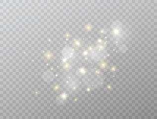 Wall Mural - Glowing light effect isolated on transparent background. Star burst with white and gold sparkles. Magic glitter dust particles. Shining flare. Vector illustration