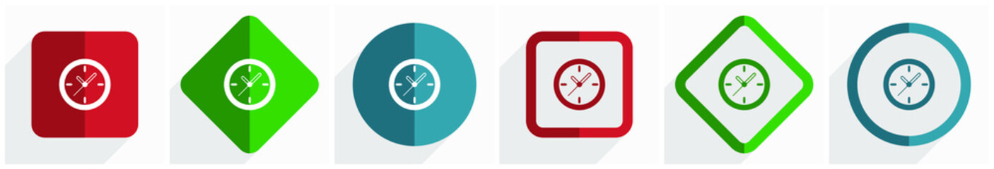 Wall Mural - Time, clock, watch icon set, flat design vector illustration in 6 options for webdesign and mobile applications in eps 10