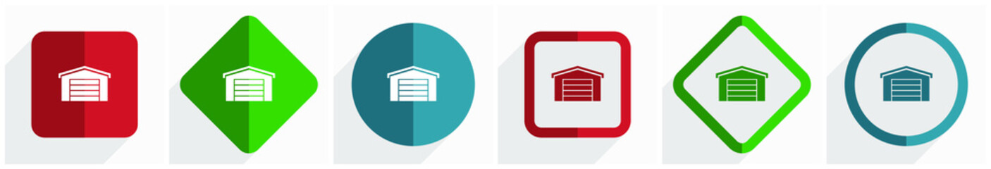 Fototapete - Garage building icon set, flat design vector illustration in 6 options for webdesign and mobile applications in eps 10