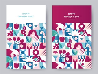 Set of abstract geometric posters for 8 march women`s day celebration with holiday symbols. Seamless  backgrounds for brochures, poster design. Vector illustration