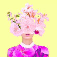 Contemporary Art Collage. Bloom Flowers Lady