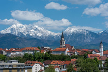 The Panoramic View Of The City Of Kranj, Slovenia With The Surrounding Mountains (Julian Alps)