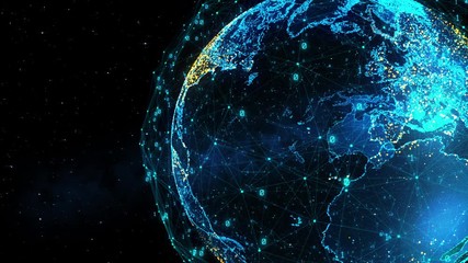 Poster - Block chain network/Block chain network concept, distributed register technology, block chain text and computer connection with blue background. 3D Rendering