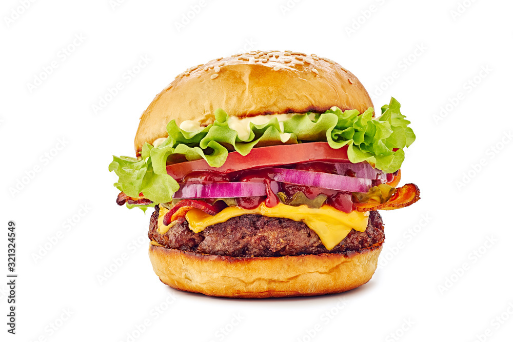 Juicy hamburger on white background - obrazy, fototapety, plakaty 