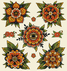 traditional decorative tattoo flowers. set of isolated vector illustrations.