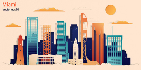 Wall Mural - Miami city colorful paper cut style, vector stock illustration. Cityscape with all famous buildings. Skyline Miami city composition for design.