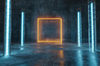 © Brilliant Eye - 3d rendering of orange lighten square shape next to metal truss and blue light panels with puddles